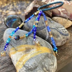 Hair Elastic Enhanced w Multifaceted Crystal Beads in Blue & Gold Handmade